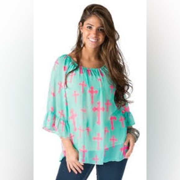 Cowgirl Hardware Flowey Teal Cross Print Top - Picture 5 of 5